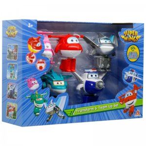 Super Wings Transform & Team Up 5er Set s Jettem, Dizzym, Paulem, Tinem a Traverem
