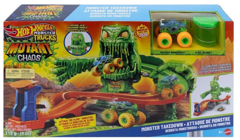 Hot Wheels monster truck dráha se slizem: souboj s mutantním monstrem + autíčko
